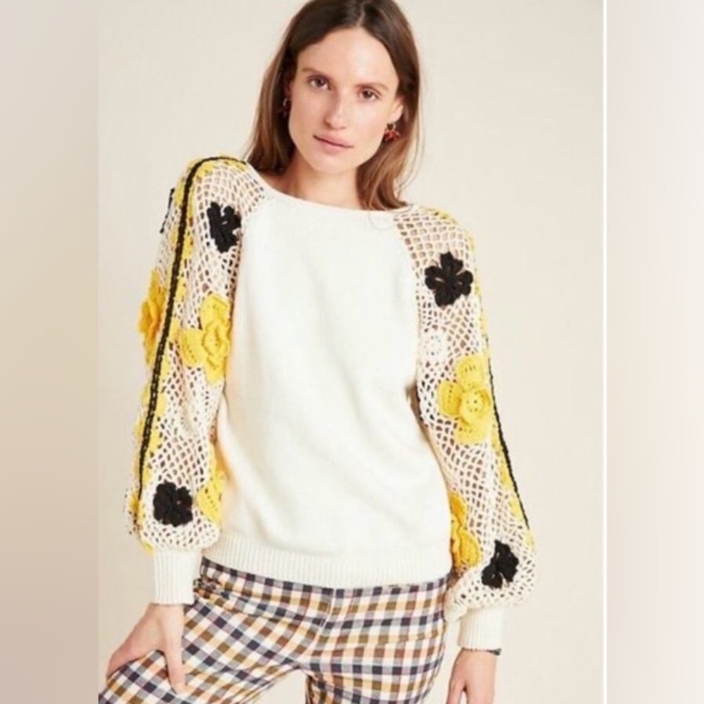 Stella Pardo Paris Lisa Floral Crochet  Sweater 100% Cotton size L, Handmade